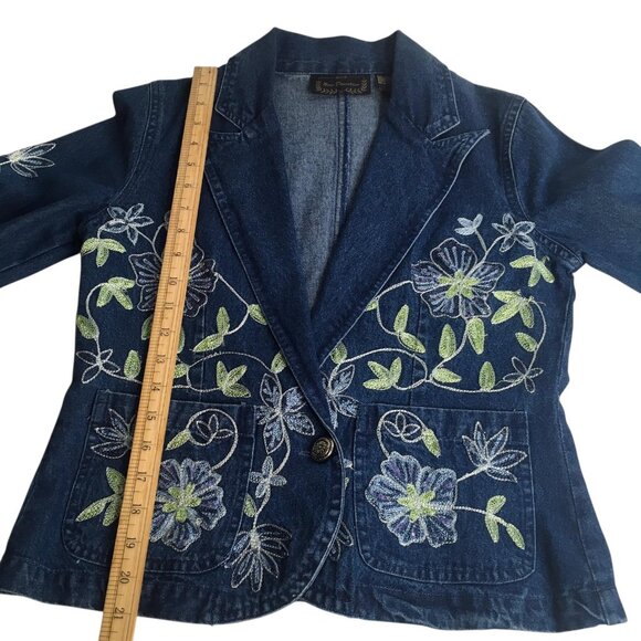 New Direction Denim Blazer Womens Small Blue Floral Embroidered Jacket Boho - Picture 3 of 13